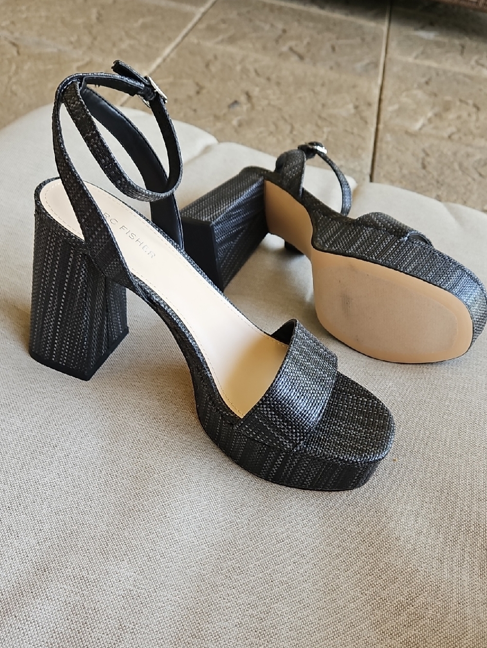 Marc Fisher Sadel Block Heel Ankle Strap Dress Sandals Woven Black & Grey, 9.5